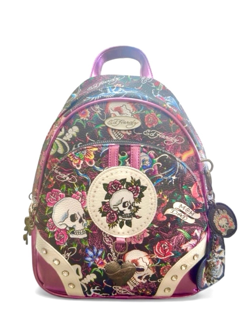 Ed Hardy Y2K Metallic Pink Floral Skull Zipper Backpack